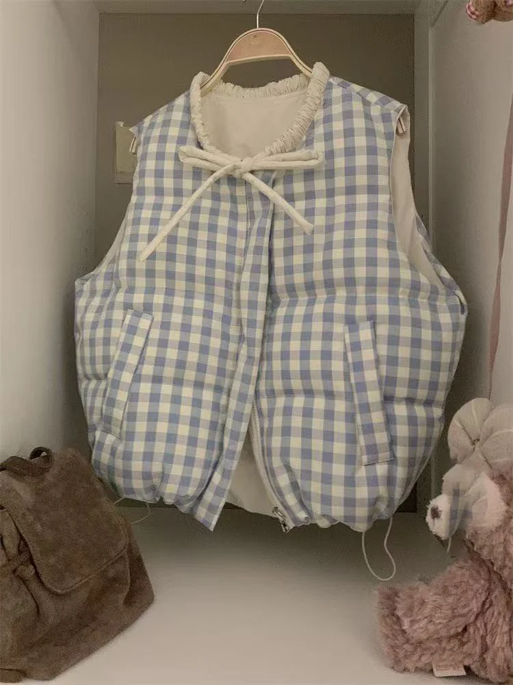 

2025 Winter Vests Fashion Sweet Bow O-neck Plaid Sleeveless Parkas Coats Korean Style Thicked Warm Y2k Waistcoat Tops