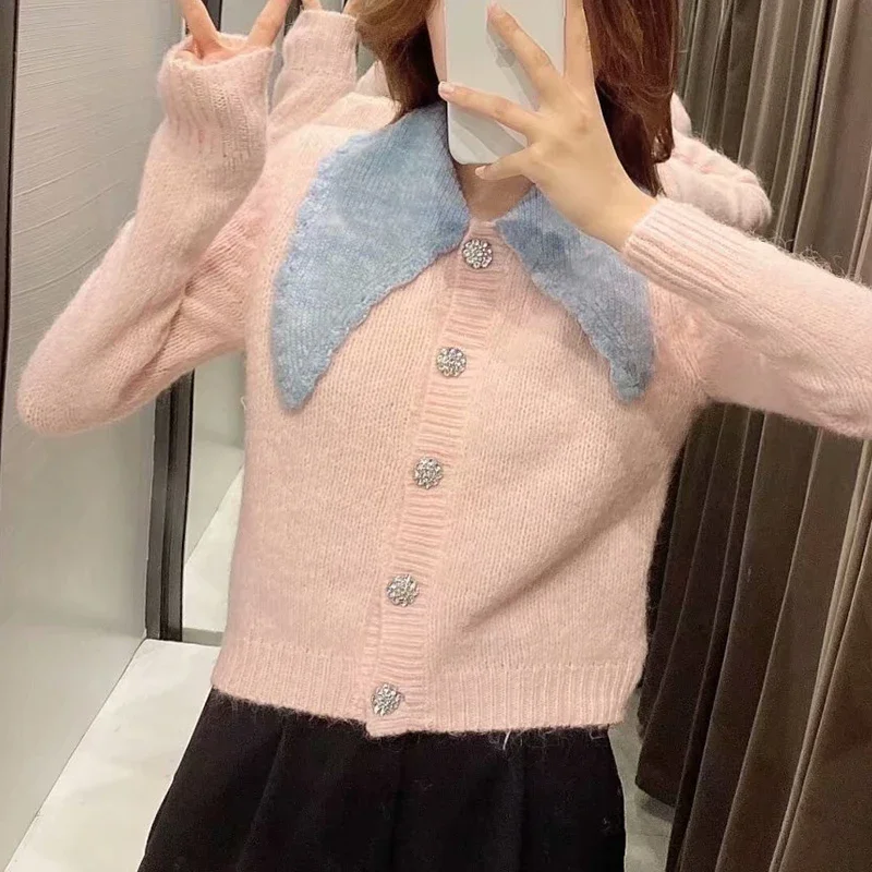 

Women Fashion Jewelry Button Long Sleeve Sweater Winter Cute Ladies Patchwork Pink Lapel Knit Cardigan