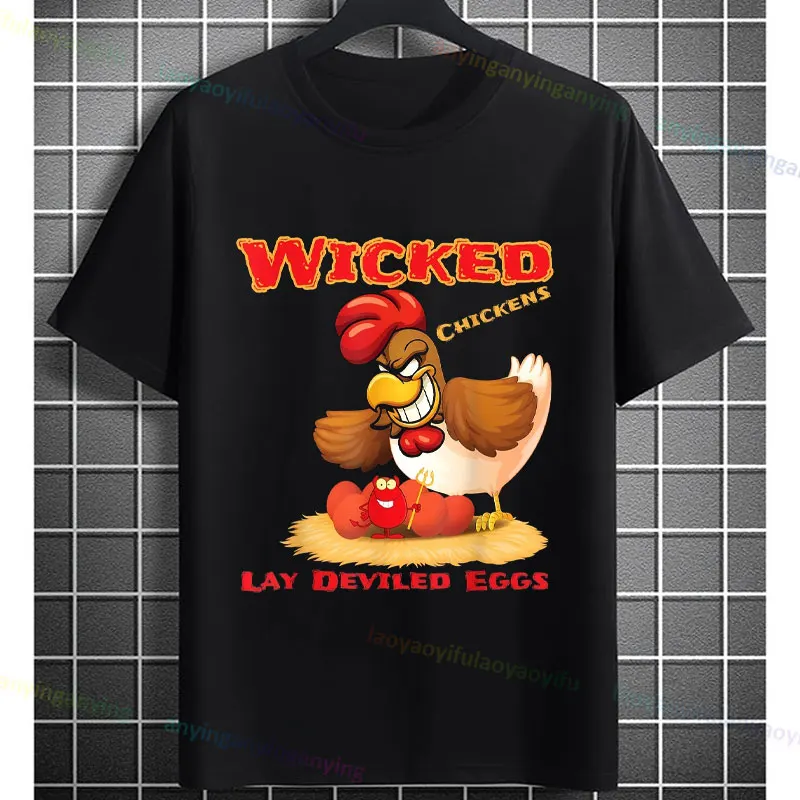 

Забавная футболка с рисунком «Wicked Chickens Layed Deviled Eggs» в юмористическом стиле, повседневные футболки из чистого хлопка с короткими рукавами, уличная одежда