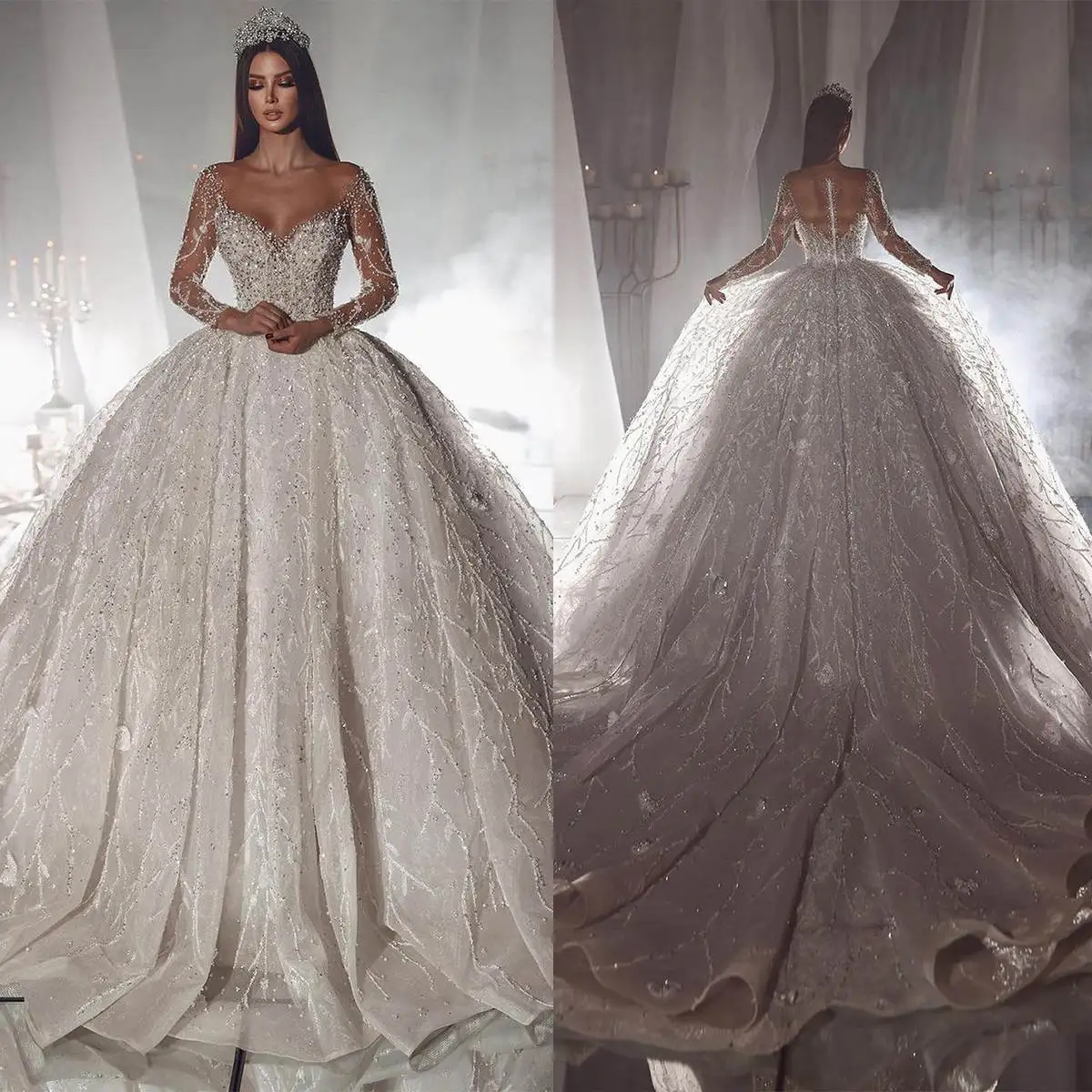 

Elegant Ball Gown Wedding Dresses Off Shoulder Beads Sequins Appliques Lace Bridal Gowns Customized Sweep Train Vestido