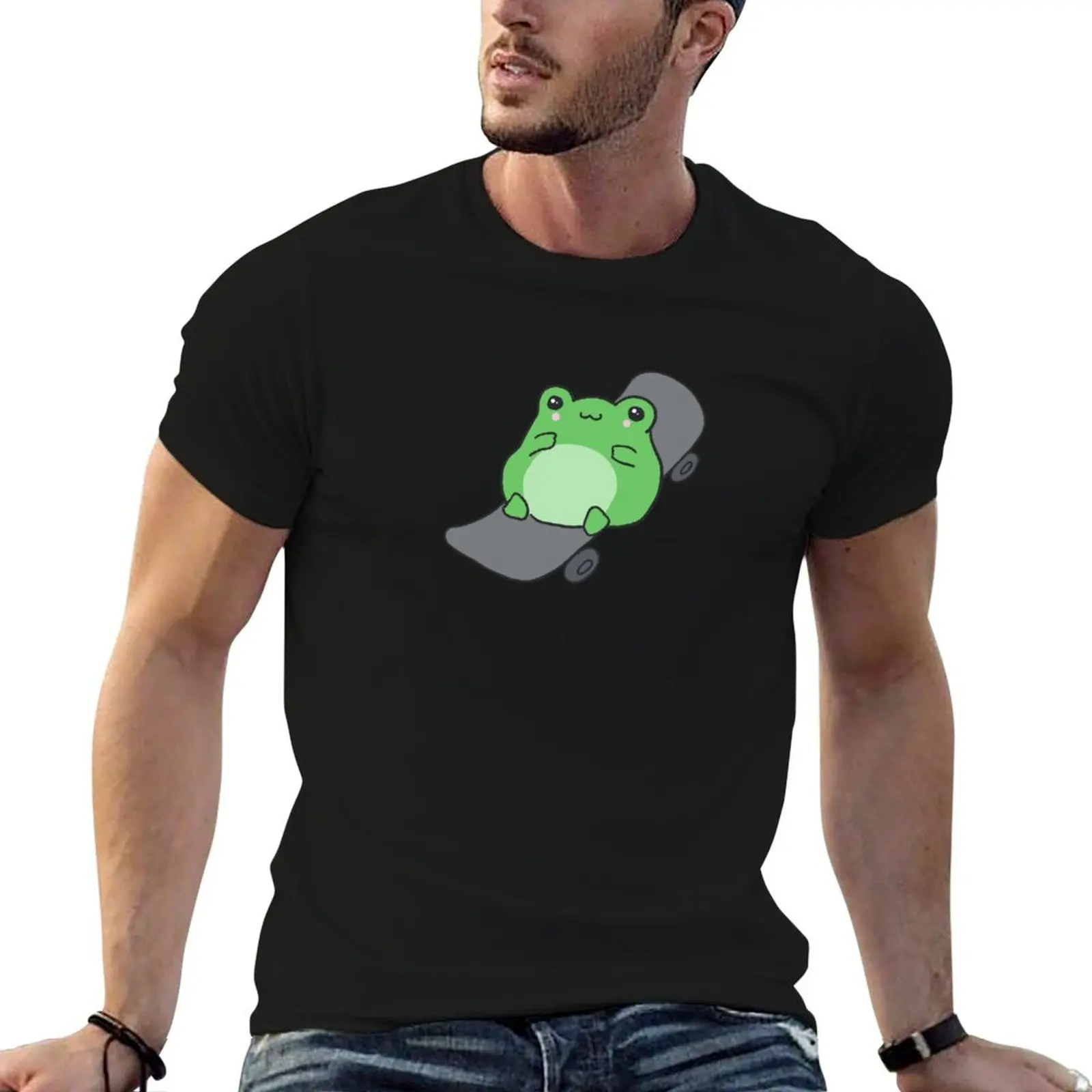 Cute Chubby Frog on Skateboard - Kawaii Cottagecore Aesthetic - Happy Skateboarding Froggy -Sweet Skater Frogge - Sports T-Shirt