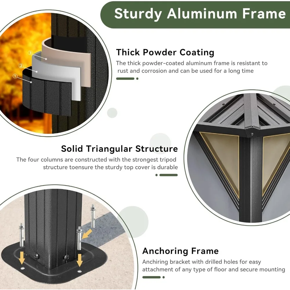 10'x12' Hardtop-Pavillon, Baldachin mit Aluminiumrahmen, doppelt verzinktes Stahldach, Metallpavillon für den Außenbereich mit Netz, Grau