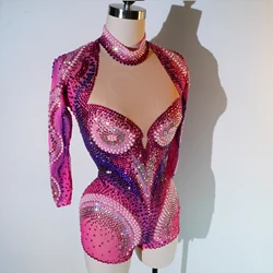 Luxury Pink Rhinestone long sleeve bodysuit Dancer Stage Wear Perform Show Girl Sheer Drag Queen Outfit Bar Nightclub Female DS