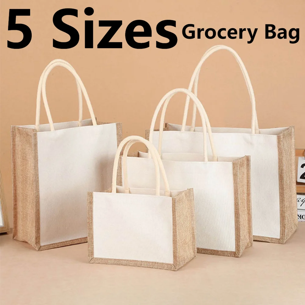 Linen Bag Burlap Jute Tote Shopping Bag Vintage Reusable Canvas Grocery Bag Wedding Birthday Gift Bag Large Capacity Women\'s Bag