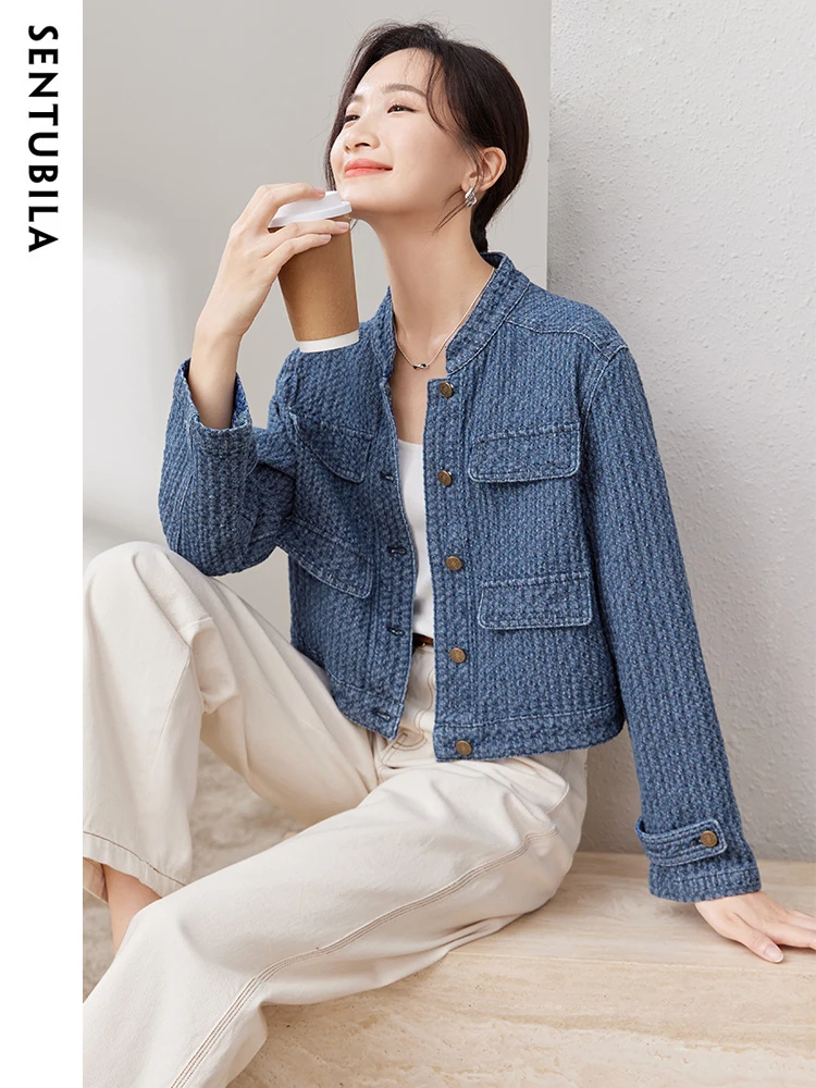 SENTUBILA Denim Jacket Women 2024 Autumn New Fashion Stand Collar Crop Jacquard Jean Jackets Long Sleeve Outerwear Top W33W50575