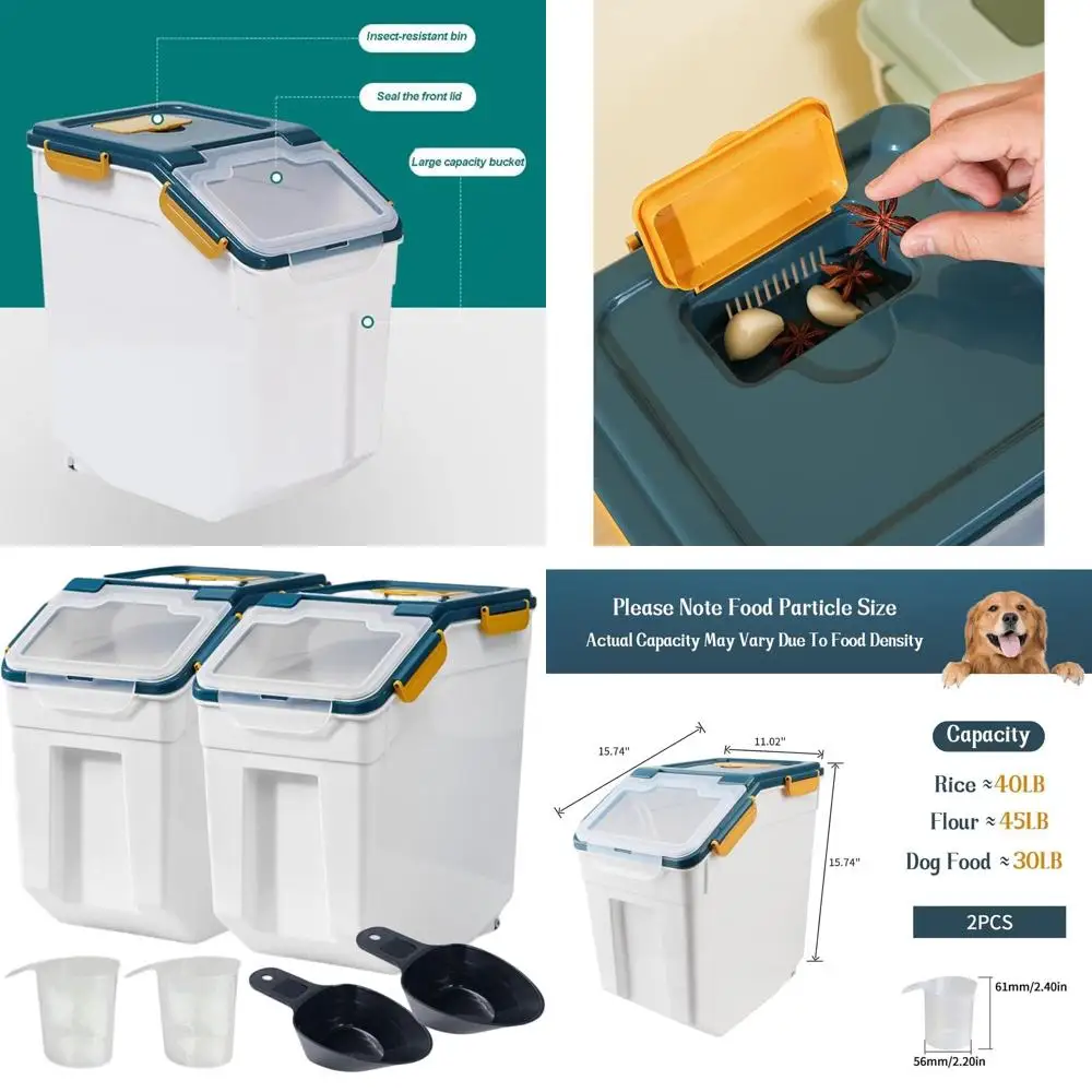 

Герметичный контейнер для хранения риса на 50 фунтов с 2 отсеками, мерной чашкой и ложкой, из пластика без BPA, синий