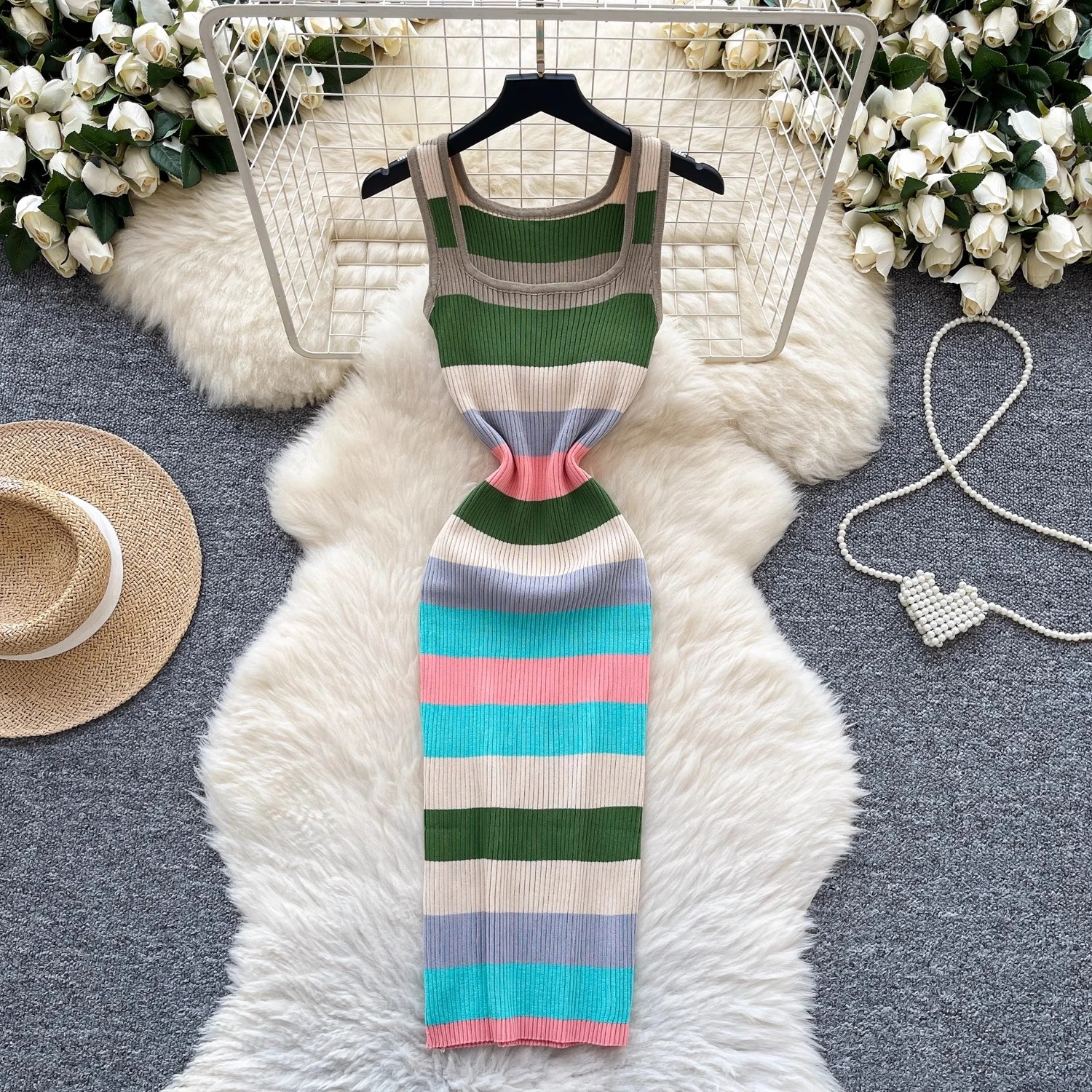 REALEFT ฤดูร้อน Vintage Rainbow ผู้หญิงถักชุด 2025 ใหม่แขนกุดสแควร์ Casual Sheath ดินสอห่อชุดหญิง