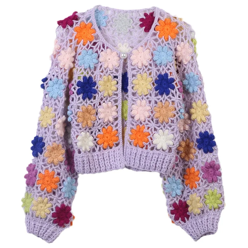 

New 2023 Autumn Winter Fashion Cardigan Coats High Quality Ladies Allover Crochet Knitting Flower Patterns Purple Black Cardigan