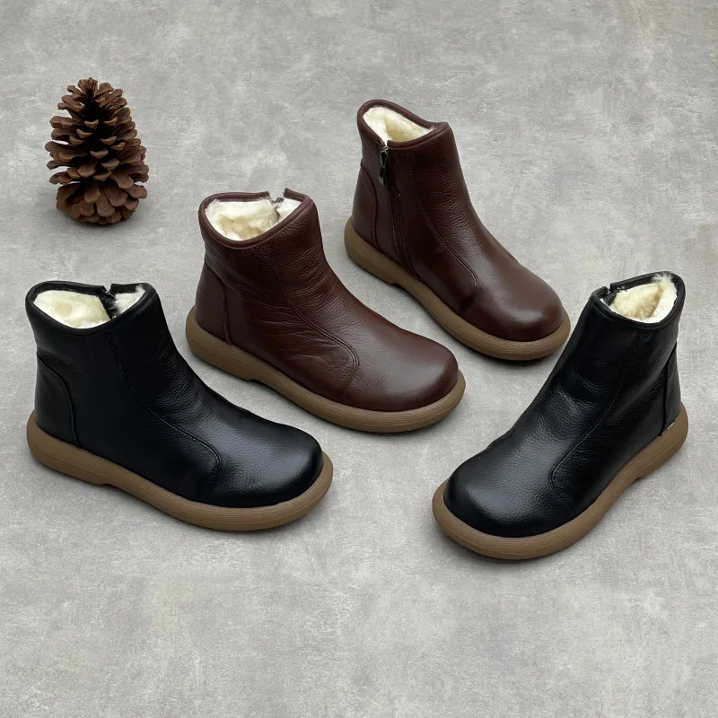 

GKTINOO Genuine Leather Cotton Boots 2025 Winter New Handmade Retro Flat Round Toe Soft Cowhide Wool Women's Short Boots