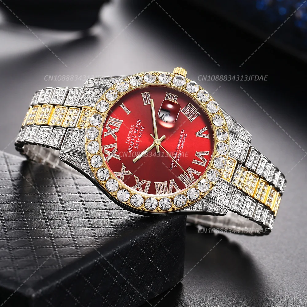 Luxury Men Watch Classic Golden Steel Strap Roman Rhinestone Calendar Quartz Watch Fashion Male Wristwatch Relogio Masculino