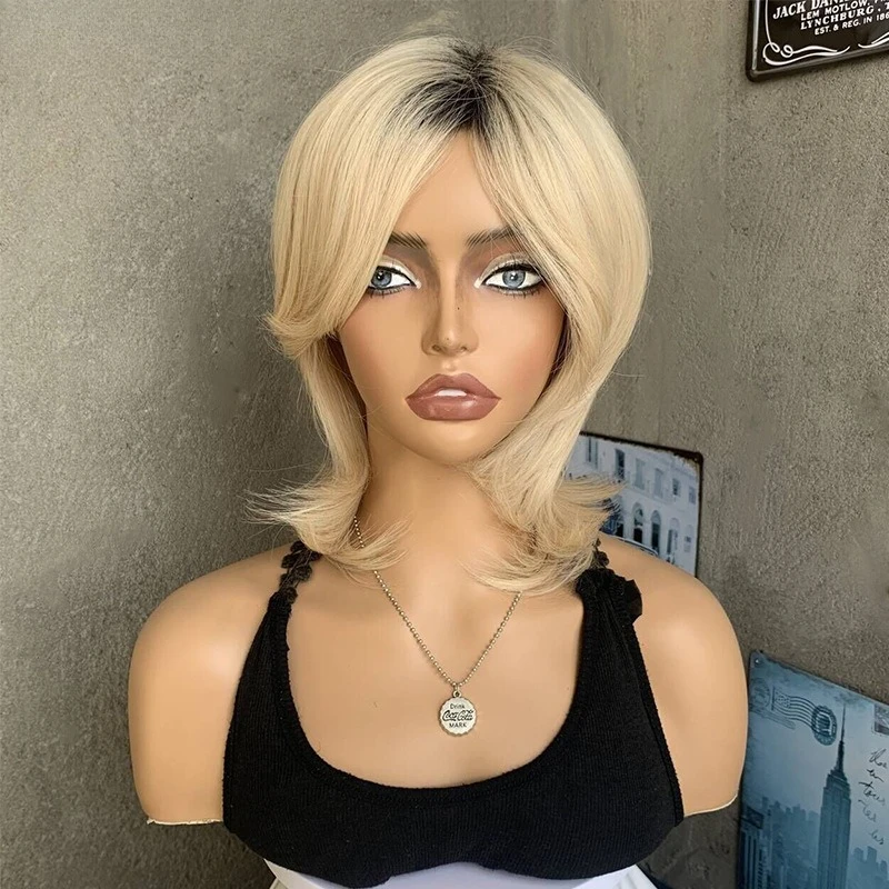 

European and American fashion light gold short straight hair natural curl simulation high temperature silk wig women's headgear