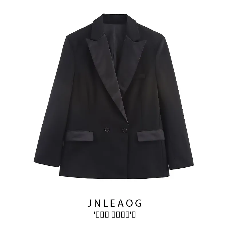 JNLEAOG Herfst Nieuwe vrouwen Faionable Splicing Dubbele Rij Knop Pak Jaet Veelzijdig Ontwerp Busin Casual Lange Sve