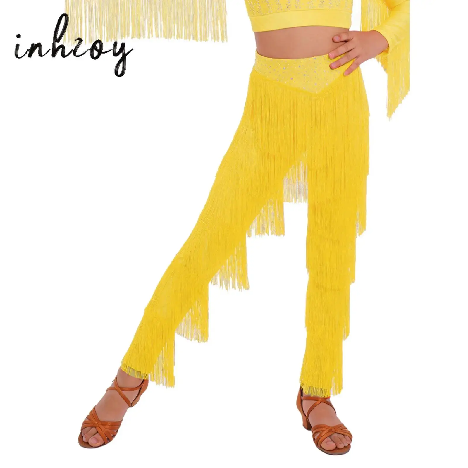 Children Girl's Ballroom Performance Trousers Tassel Rumba Tango Salsa Practice Pants Fringe Latin Samba Cha-Cha Dance Pants