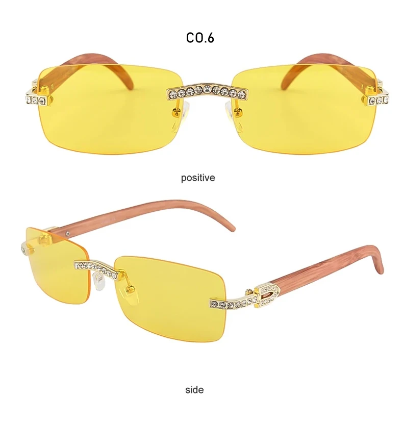 Kenbo Vintage randlose Rechteck Sonnenbrille für Frauen Männer Luxus Brille Mode Kristall Holz Brillen Sonnenbrillen uv400 – Detail 14