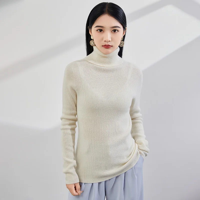 100% Cashmere Pure Cashmere Sweater, High Reverse Collar Slim fit Versatile Knitted Base Sweater for Women