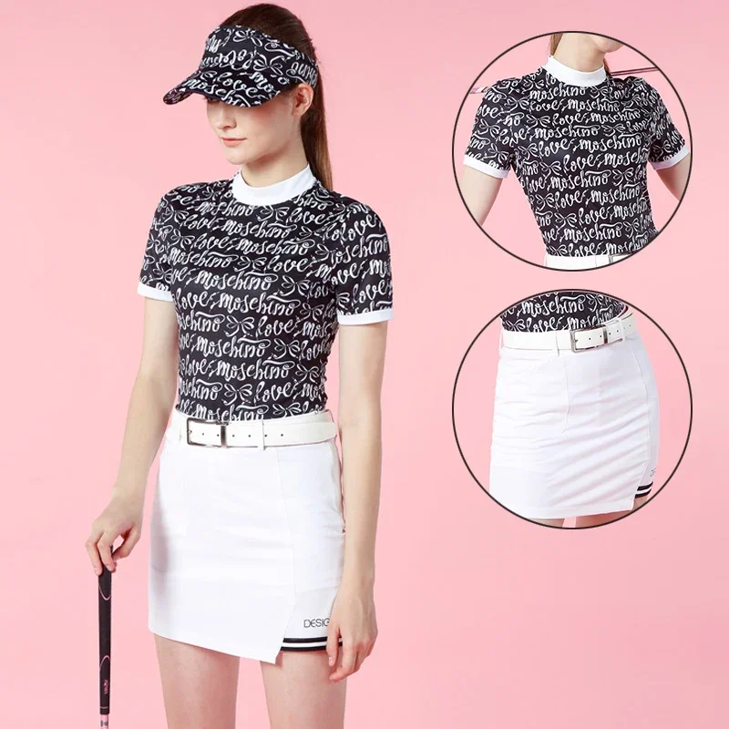 DK Women Letter Print Golf Shirt Soft Short Sleeve T-shirt Ladies Pencil Anti-light Skirt Breathable Slim Golf Culottes Suits