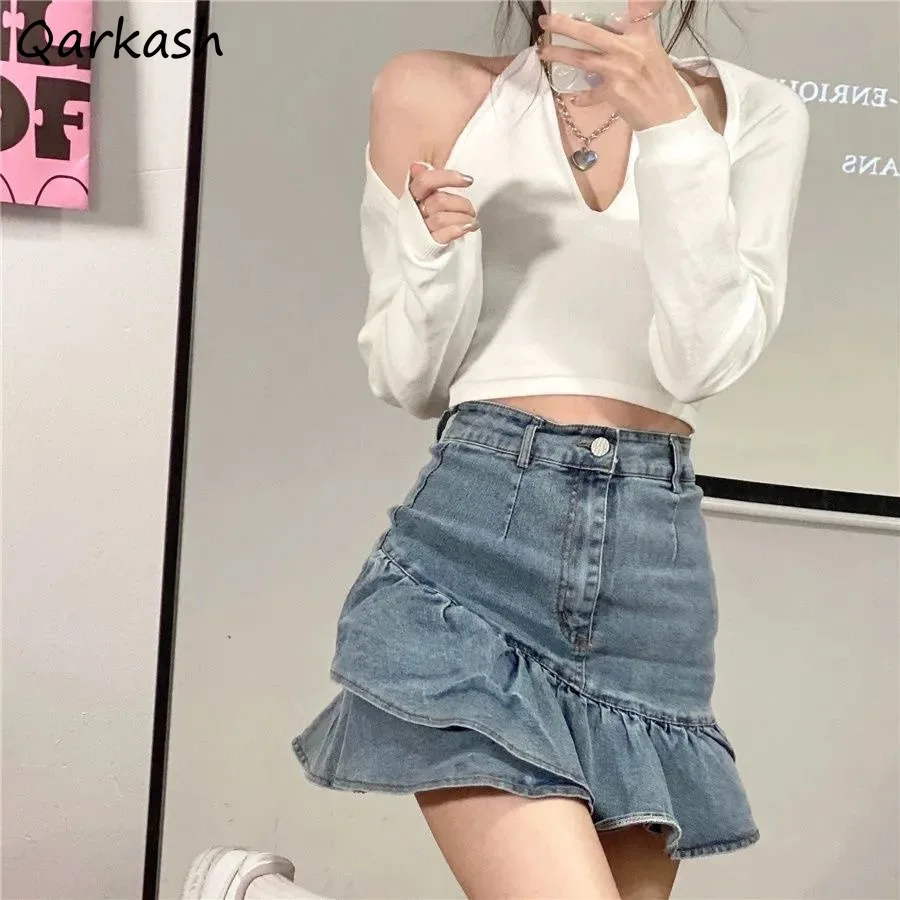 

Skirts Women Mini Denim Ruffles High Waist Hotsweet Ins Korean Fashion Ulzzang Slim All-match Stretchy Prevalent Y2k Girlish