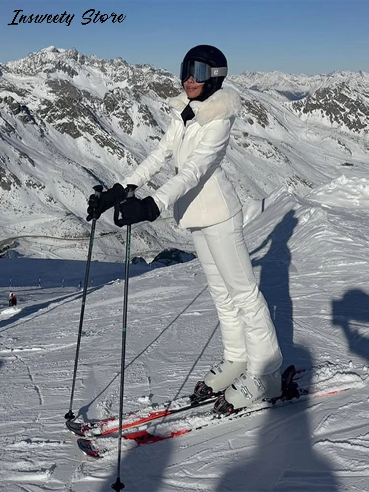 موضة الصلبة الدافئة بدلة تزلج المرأة هود الفراء تقليم كامل الأكمام حزام معاطف عالية الخصر السراويل 2025 الشتاء سيدة يندبروف رياضية