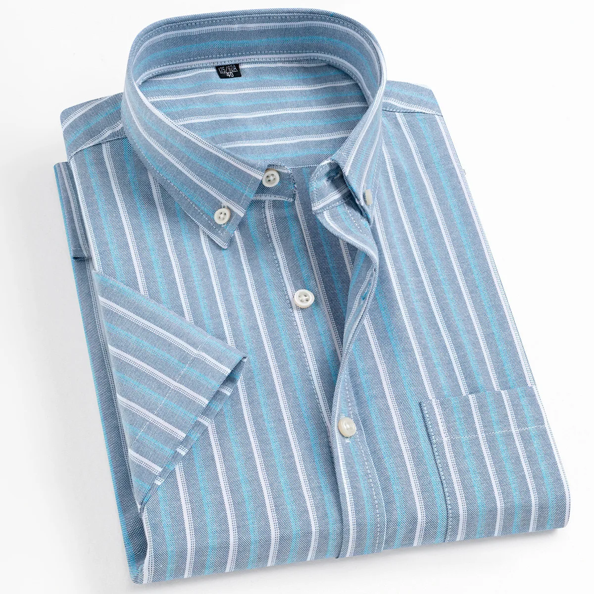Fashion New Mens Oxford Stripe Shirts Summer Short Sleeve 100% Pure Cotton Casual Solid  Color Business Regular Fit Social White