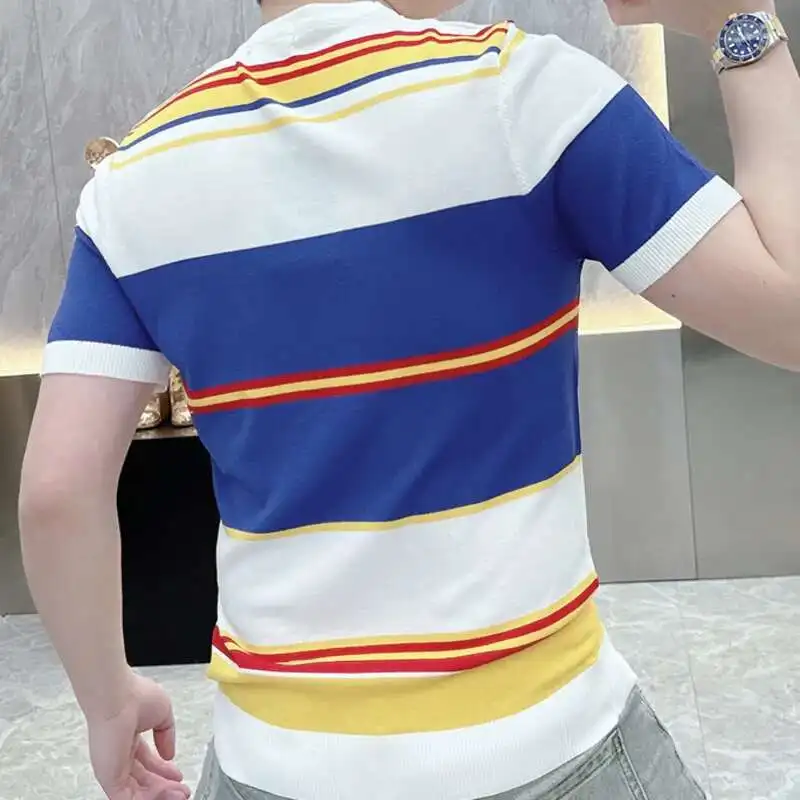 Contrasting Color Splicing Striped Short Sleeve Tshirt Men O-Neck T-shirt Men Clothing Summer T Shirt Casual Tops Tees For Men