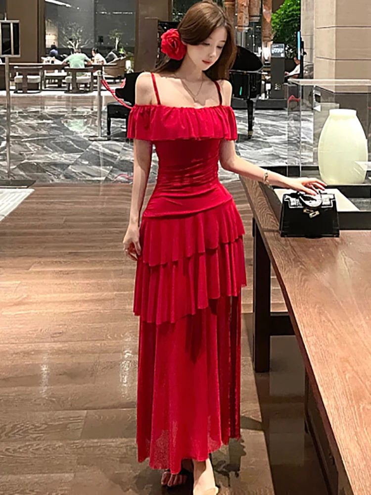 Frauen Rot Elegante Rüschen Sexy Sling Langes Kleid Sommer Mode Luxus Gala Kleid 2025, Koreanische Vintage Bodycon Festival Prom Kleid