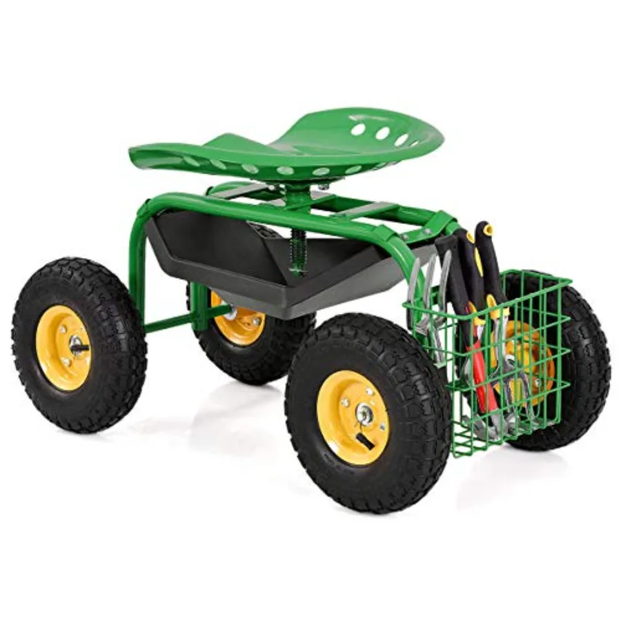 

IRONMAX Garden Cart with Seat Heavy Duty Gardening Work Stools w/Height Adjustable Seat 10'' Large Wheels Rolling Garden Scoote