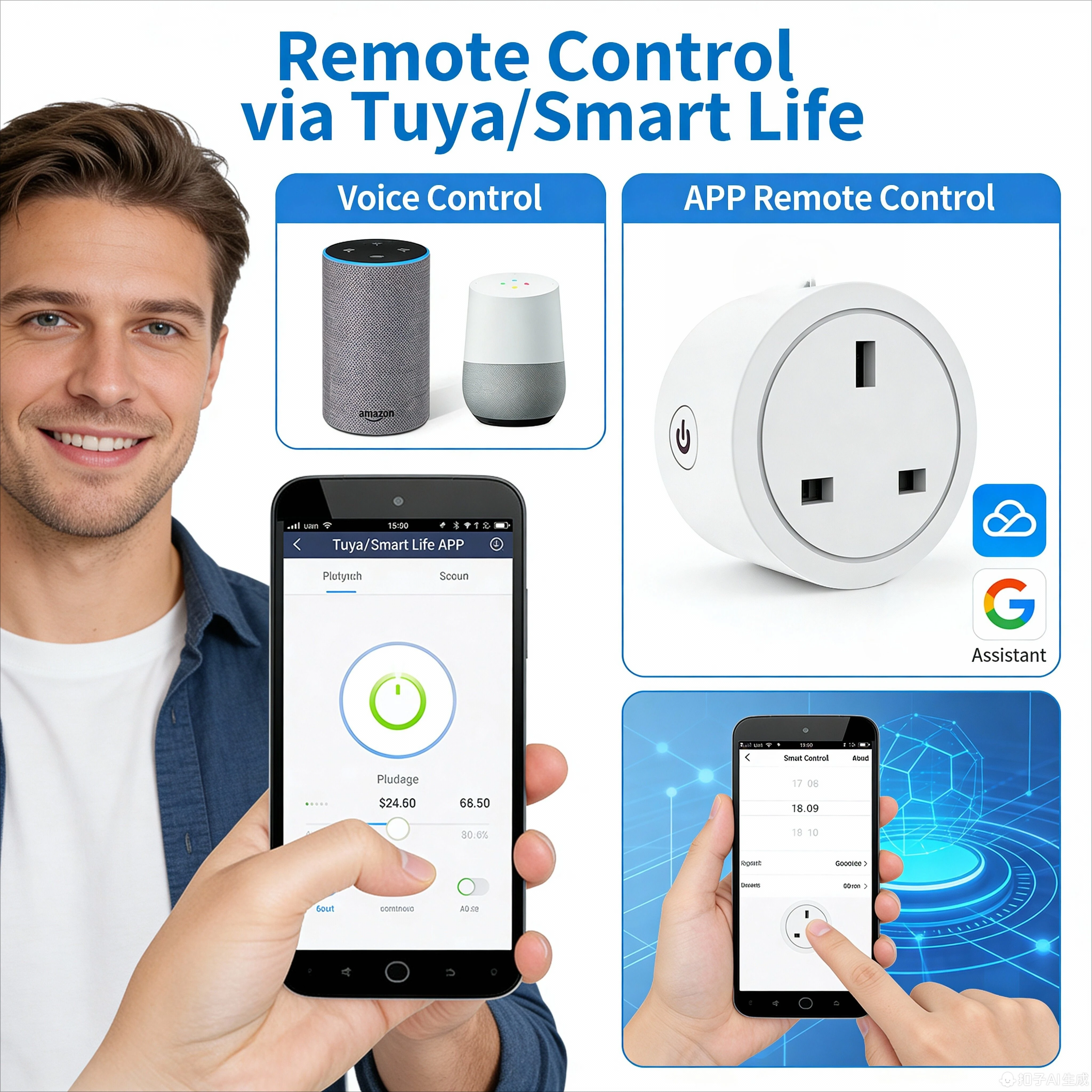 

FUNAYA Tuya 20A Smart Plug Wifi Smart Socket UK MK SG Outlet Smartlife APP Timer Works for Alexa Google Home Energy Monitoring