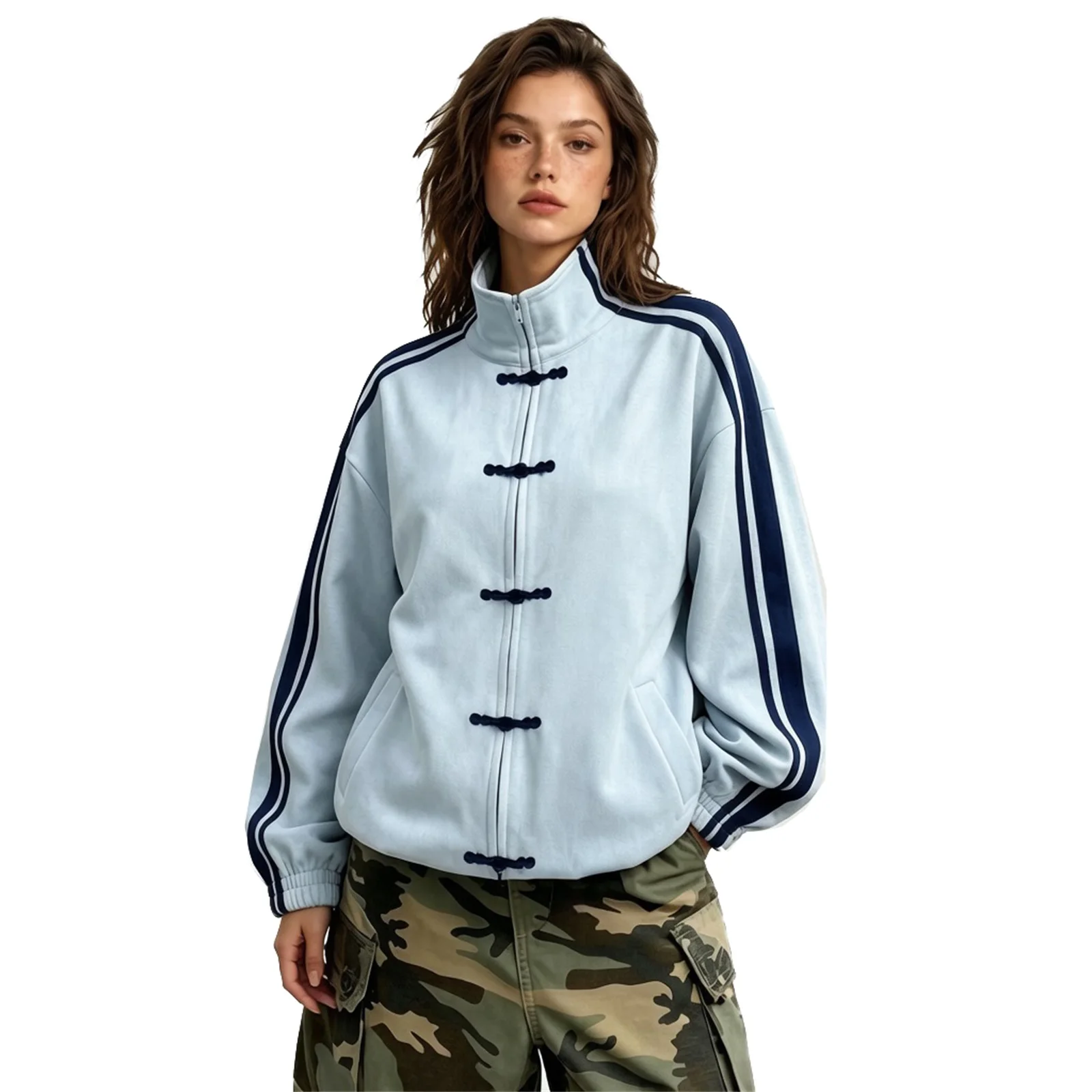 Womens Faux Suede Jacket Stylish Stripe Long Sleeve Frog Button Zip Up Coat