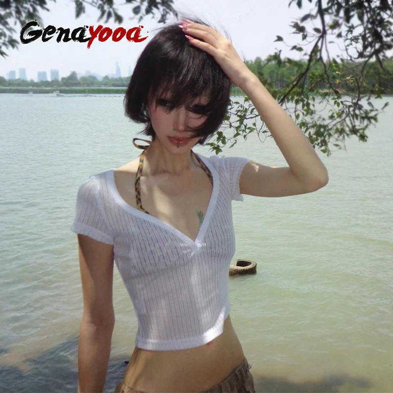 

Genayooa Japanese Y2k Two Pieces Tops Short Sleeve See Through Tshirt +leopard Bar Streetwear Sexy Tee Tops Aesthetic 2000s