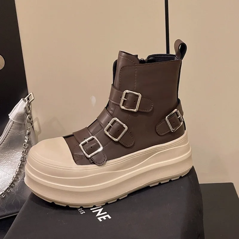 

Platform Ankle Boots for Women Fashion Designer Belt Buckle Leather Short Boots Luxury Wedge Casual Shoes for Womens Botas Mujer