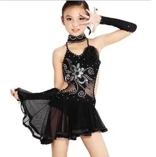 Costumi da spettacolo di danza latina per bambini, vestito da competizione nero latino per ragazze per bambini