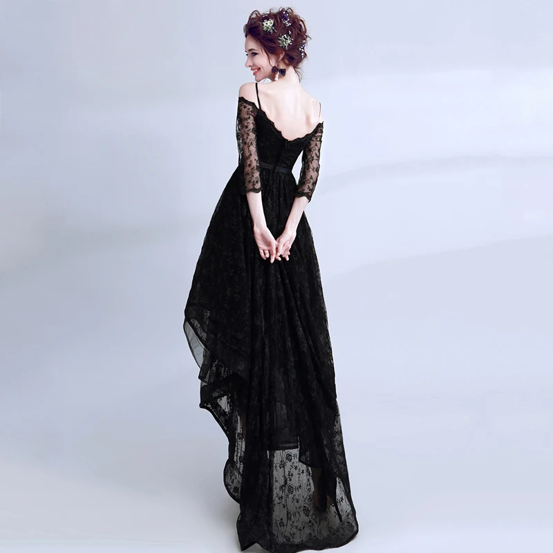 فساتين سهرة بسيطة مخصصة عالية ومنخفضة باللون الأسود نصف كم من الدانتيل للحفلات الراقصة للنساء بدون ظهر فستان رسمي رداء السهرة