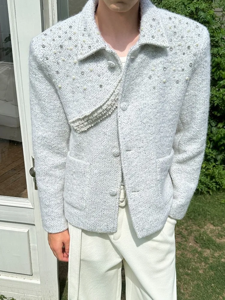 Herren Neue Herbst Winter Mode Woolen Jacke Diamanten Hohe Qualität Designer Bankett Kurzen Mantel Lose Fit Casual Oberbekleidung Männlich