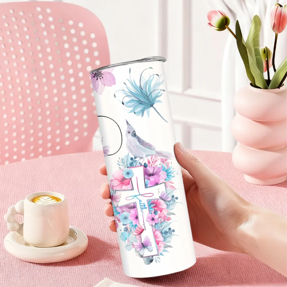 1pc 20oz straw water bottle, insulated stainless steel water cup with floral, bird, cross, and Bible quotations design.