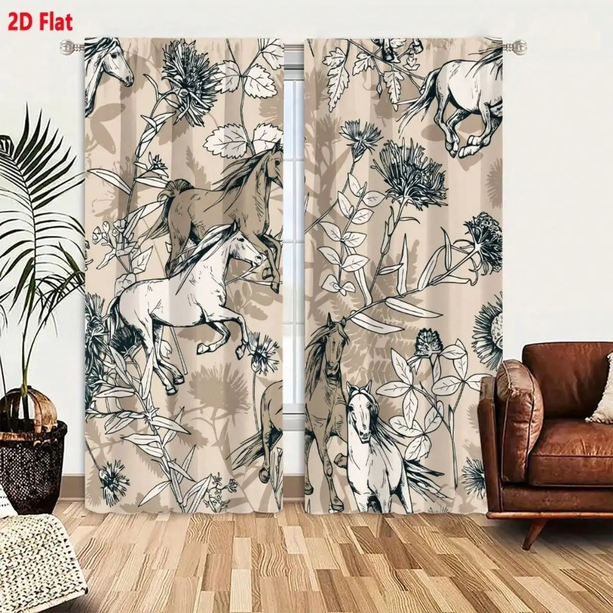 Vintage Horse Curtain, Floral Sketch Print Blackout Curtains, Pastoral Animal Window Drapes for Living Room, 2 Panels