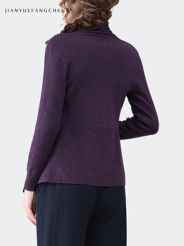 Women Long Sleeve Purple Knitted Cardigan Sweater Fashion Casual No Placket Knit Top indoor Cold-resisitant Wool Shawl