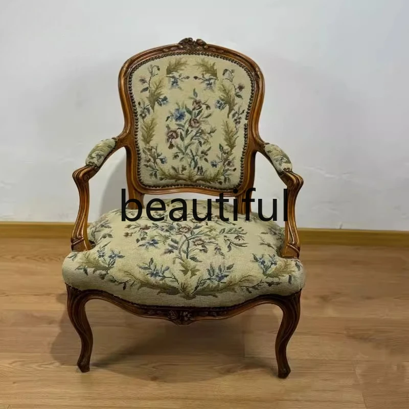 

Retro solid wood single dining chair fabric, living room antique carved armchair sofa small apartment