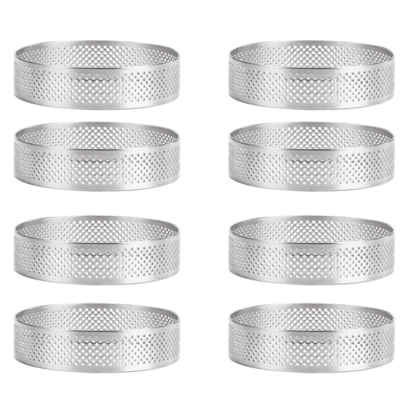 8Pcs Stainless Steel Tart Ring, Heat-Resistant Perforated Cake Mousse Ring Round Double Rolled Tart Ring Metal Mold