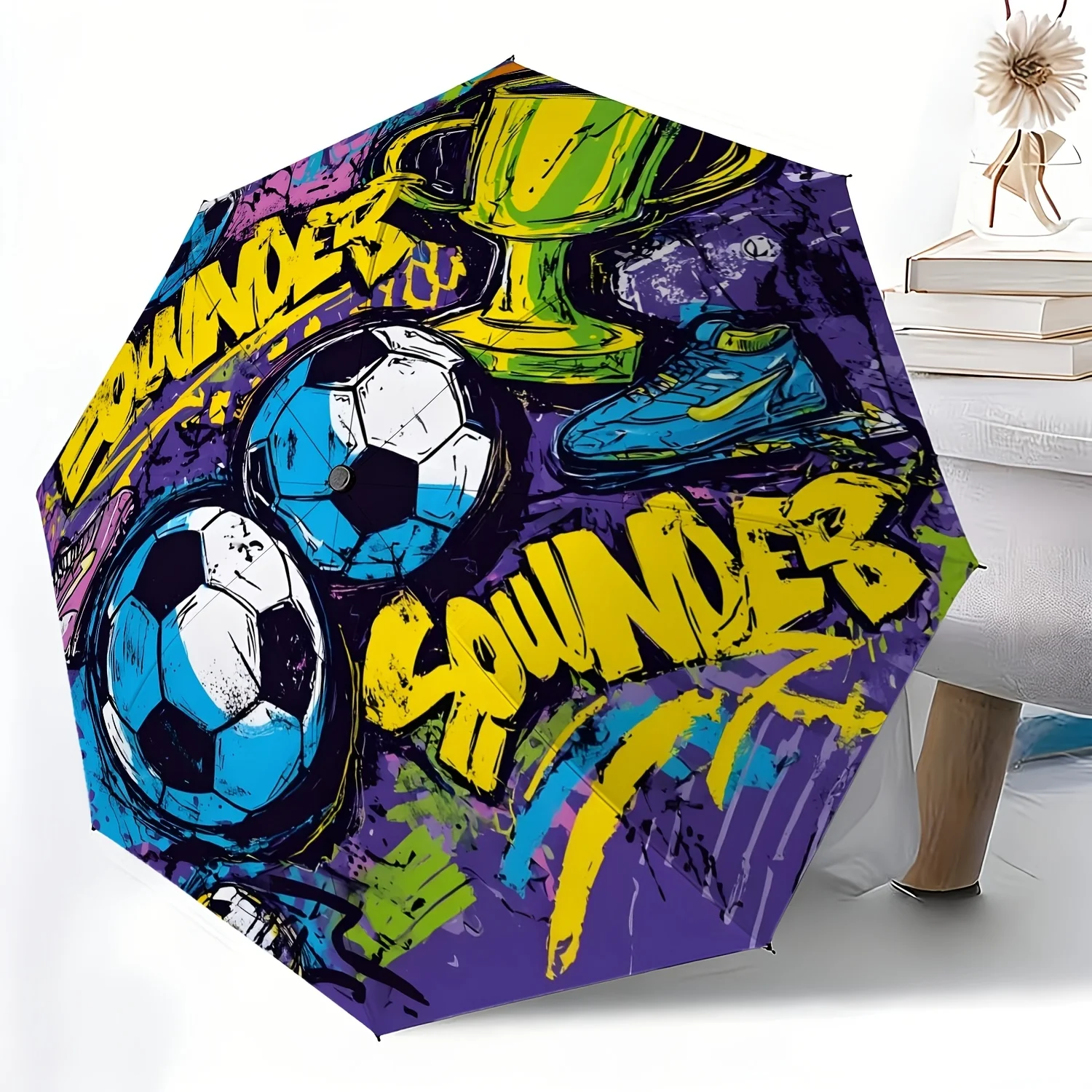 

1 шт. Складной зонт с граффити-дизайном в спортивном стиле, портативный, незаменимый для дома, с прочной железной каркасной конструкцией