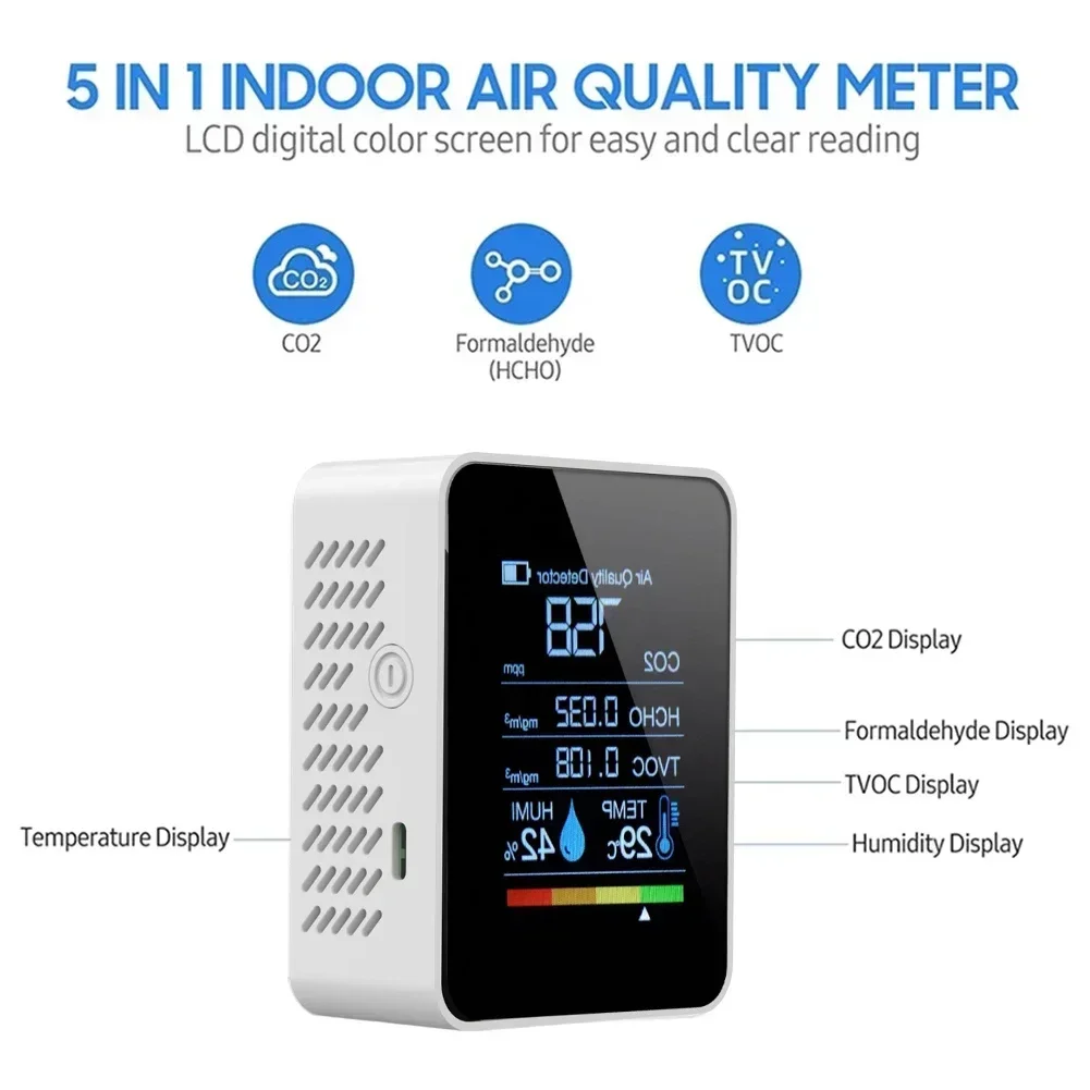 Imagem -06 - Monitor de Qualidade do ar em Detector Interno Formaldeído Hcho Tvoc Testador Lcd Temperatura Umidade Testador Medidor Alarme 1pc