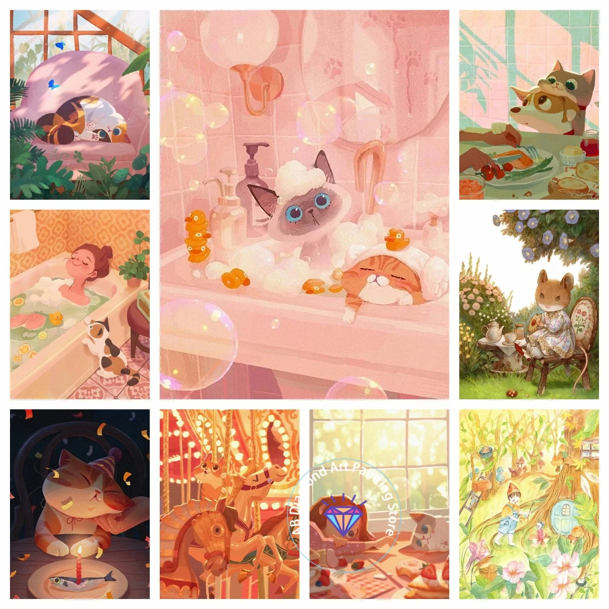 

Landscape AB Diamond Painting Kits Art Cartoon Cute Girl And Cat Embroidery Mosaic Cross Stitch Home Decoration Children's Gift
