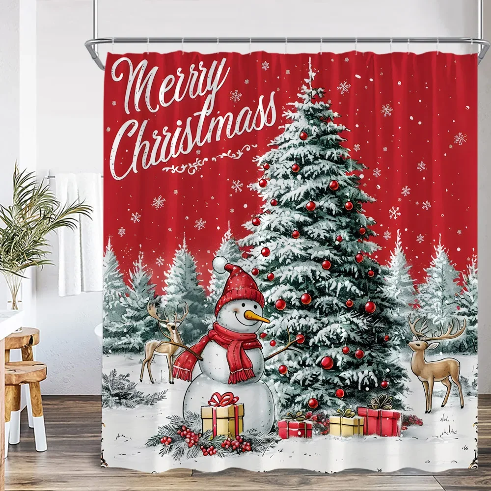 Snowman Christmas Shower Curtain Xmas Tree Gifts Miracle Night Winter Holiday Elf Bathroom Decor Merry Christmas Bathtub Curtain