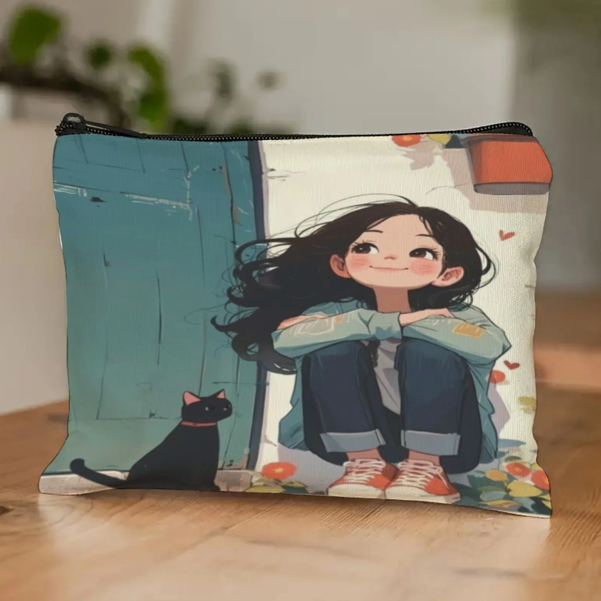 

Fashion White Girl Cat Print Makeup Bag Women Large Capacity Makeup Bag Cute Girls Travel Storage Bag Zero Wallet Gifts