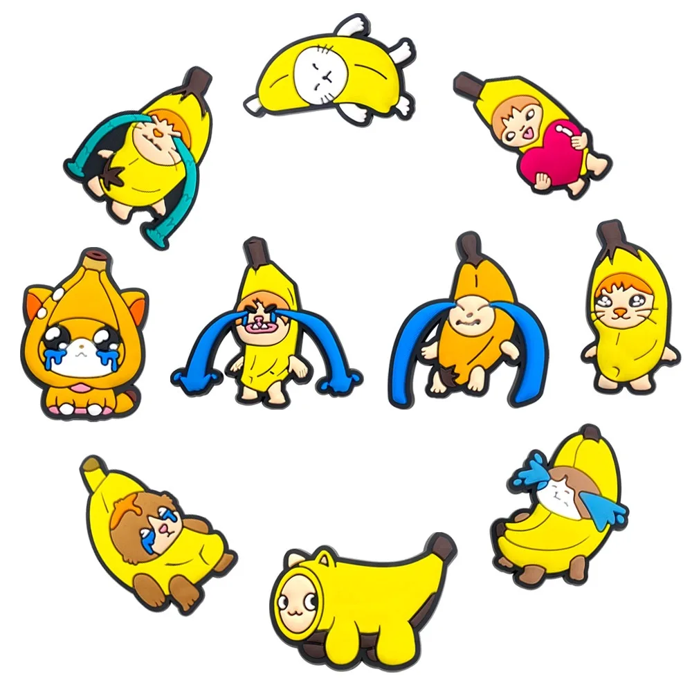 New Arrival 1-10pcs Cute Cartoon Cat Banana PVC Shoe Charms Buckle Clog Sandals Ornaments Accessories Kid Party Xmas Gift