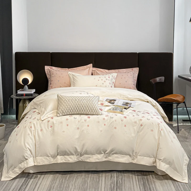 Off White Garden Butterfly Embroidery Cotton Fabric Bedding Set Duvet Cover Linen Fitted Sheet Pillowcases Home Textile