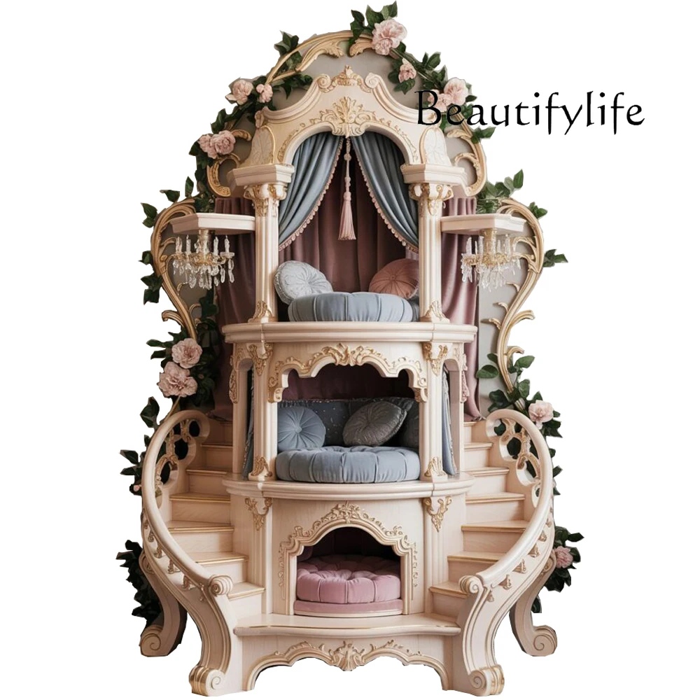 High-end solid wood interior three-story dog villa with stairs cat dog villa luxury house
