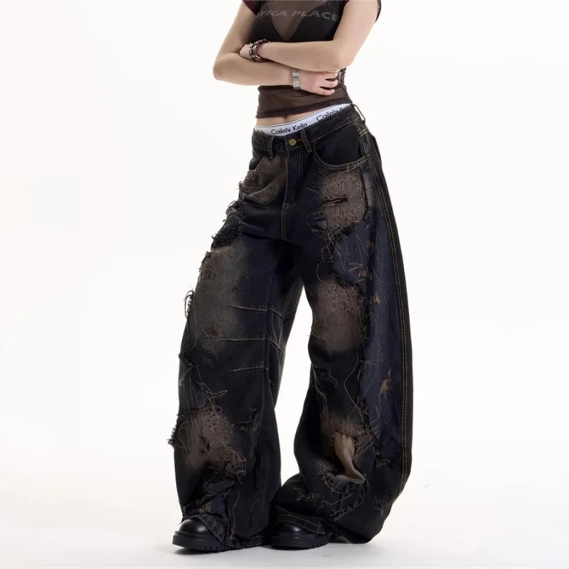 2026 spring/autumn relaxed fit american retro hot girl style black tie-dye distressed denim jeans for women