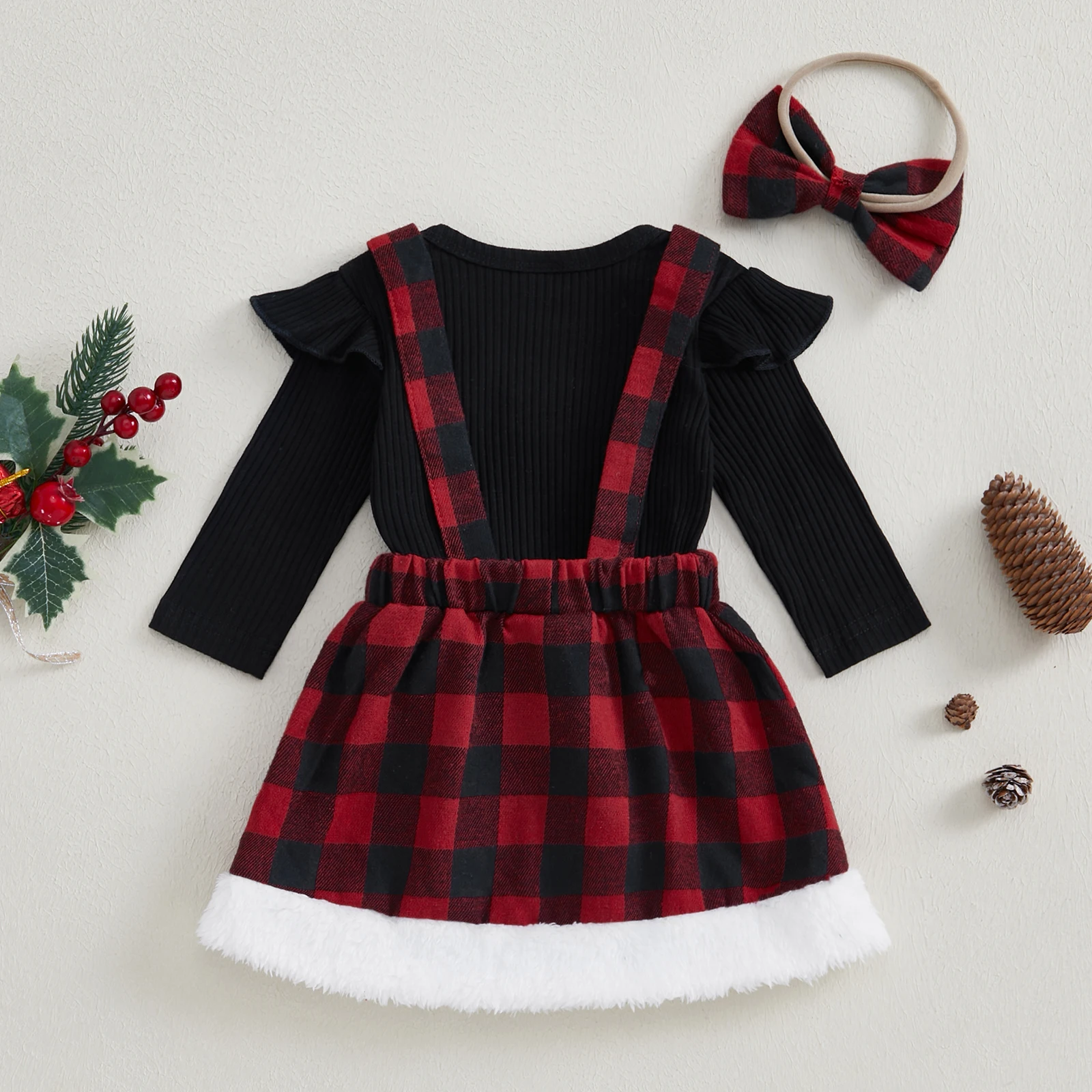 2025 New Years Baby Girl Christmas Outfit Ruffle Long Sleeve Ribbed Romper Tops Plaid Suspender Skirt with Headband 3 Piece Set