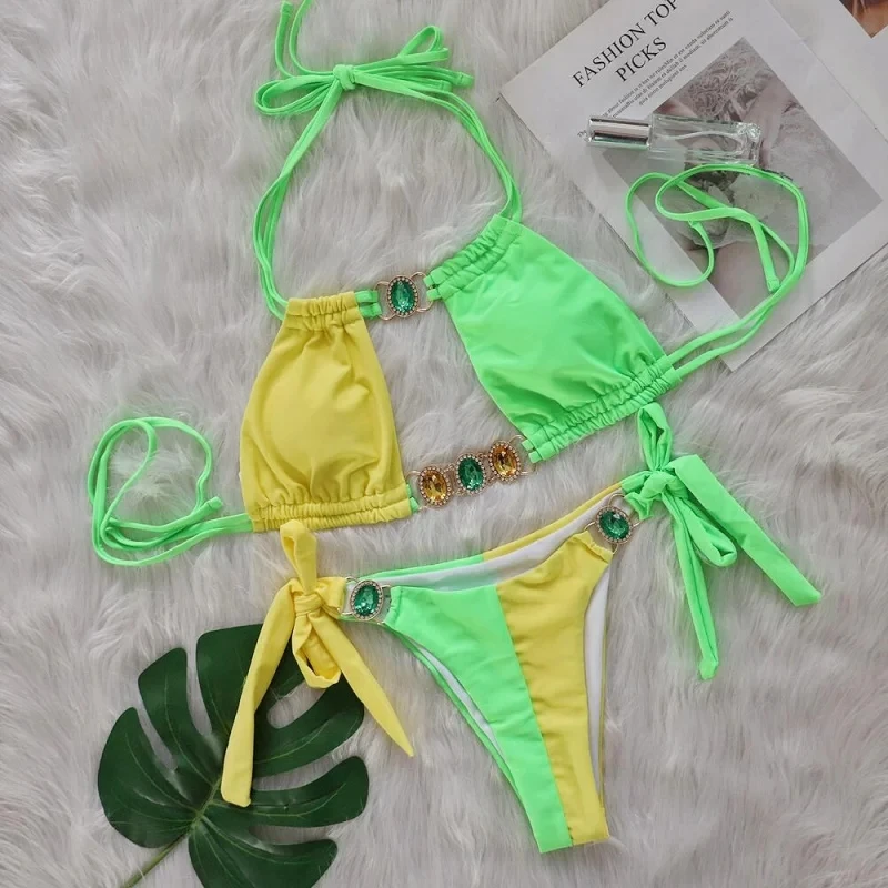 Swimwear Crystal Bikini Sexy Patchwork Tie Women Two-Piece Swimsuit