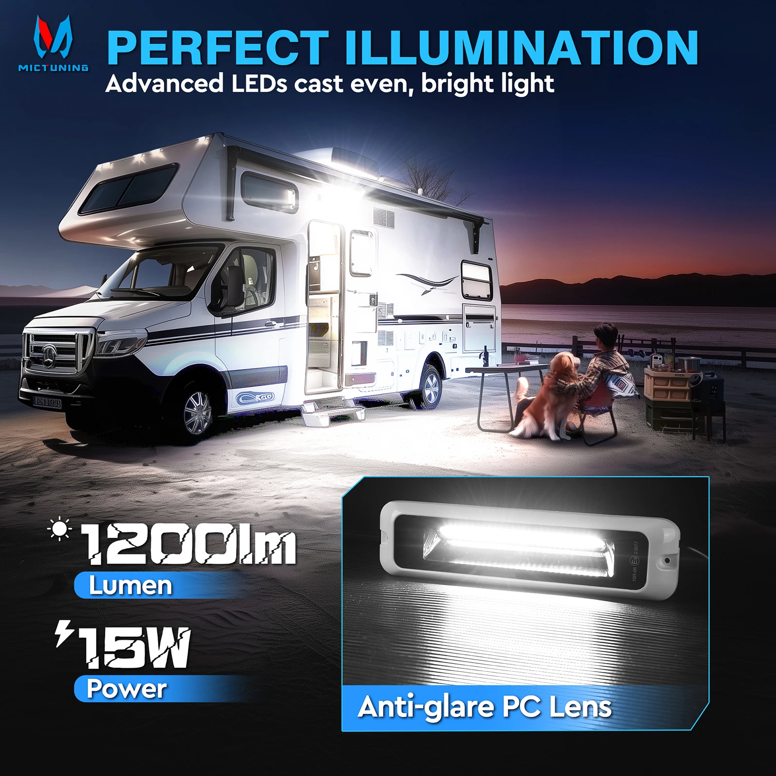 MICTUNING 6 Inch RV Exterior Porch Light,1200LM 6000K LED Utility Awning White Lights,Outdoor IP68 Waterproof For Camper Trailer